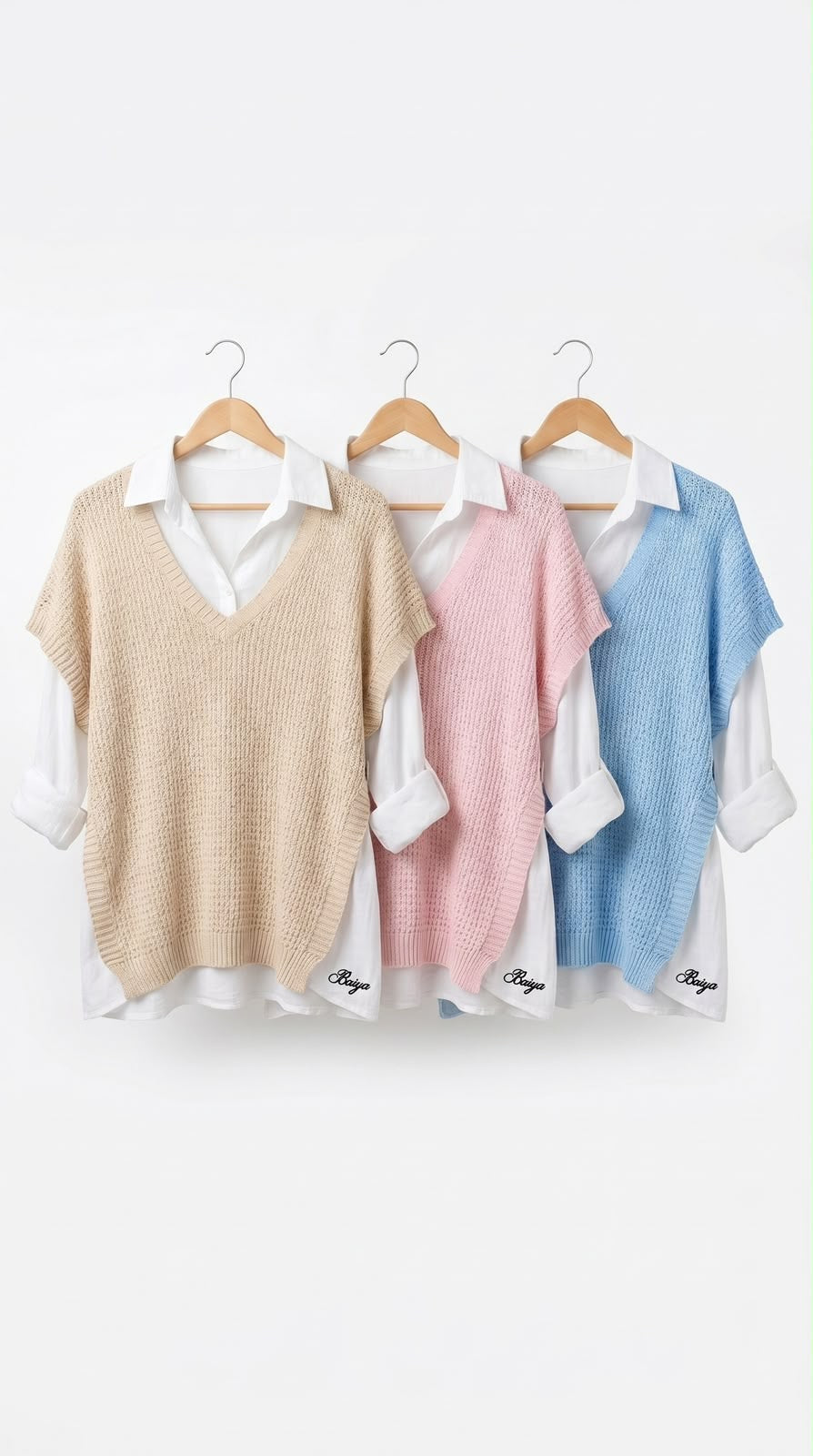 Ensemble Talia dans ses trois coloris : bleu ciel, rose et beige