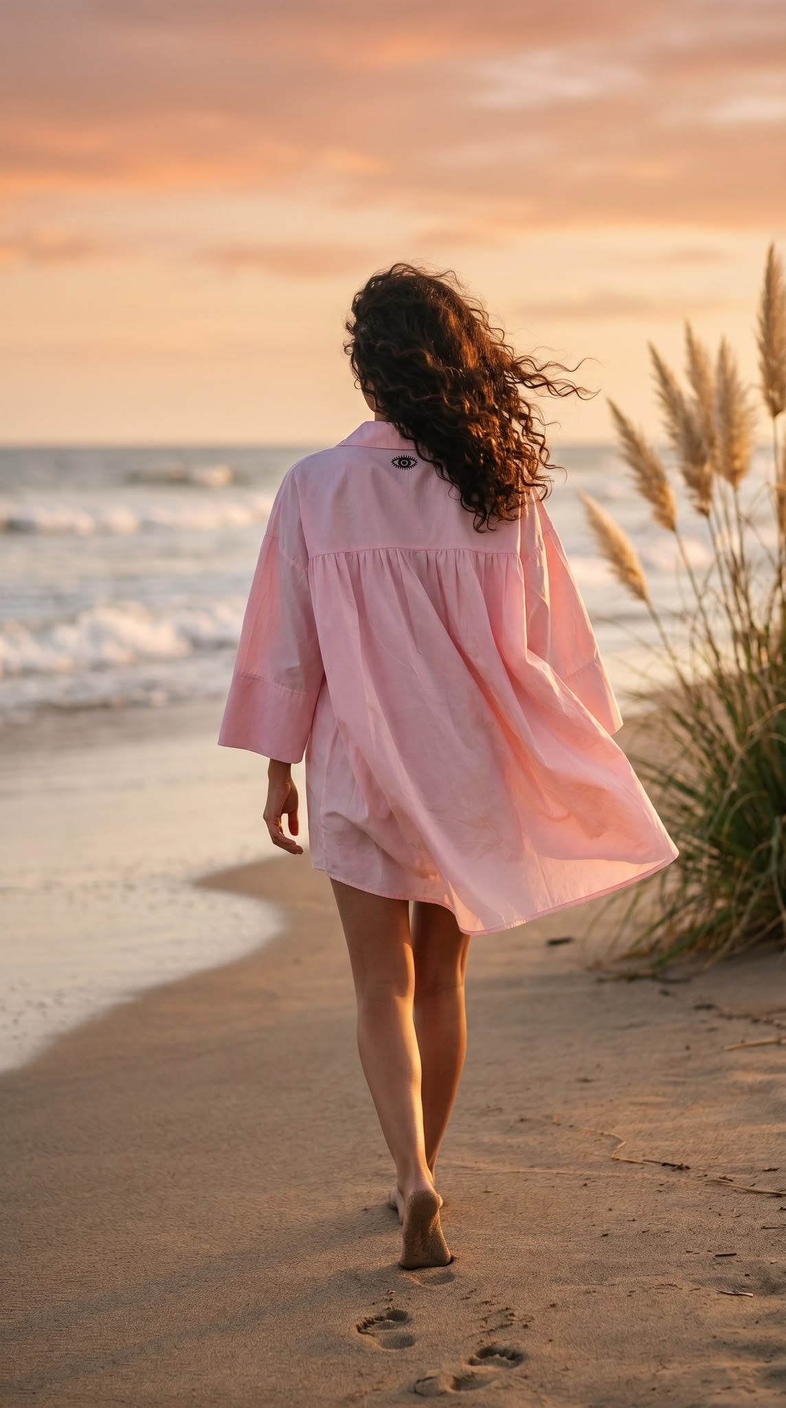 Chemise Dalia oversize en coton doux, coloris rose, œil noir sur l'empiècement dos