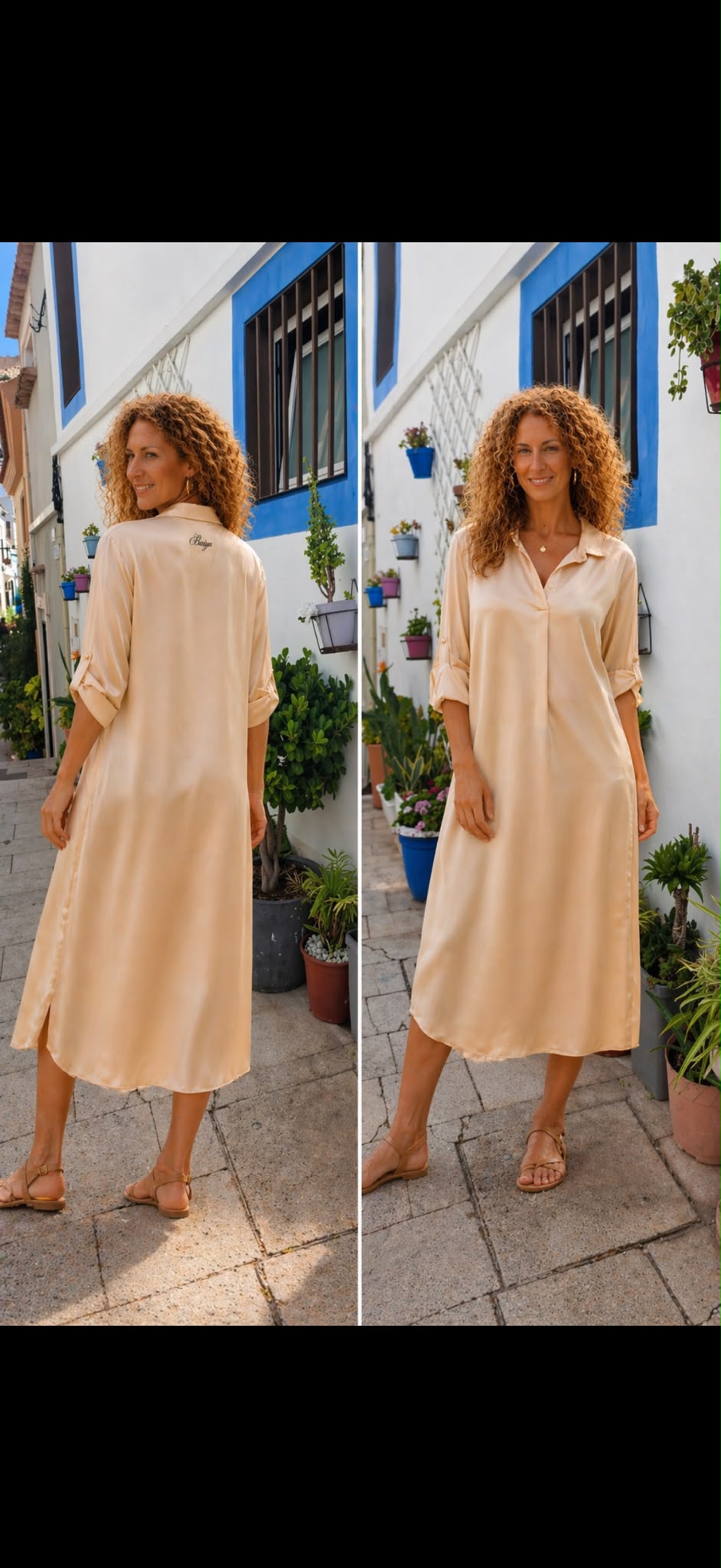 Robe Kayla en satin beige, coupe ample taille unique