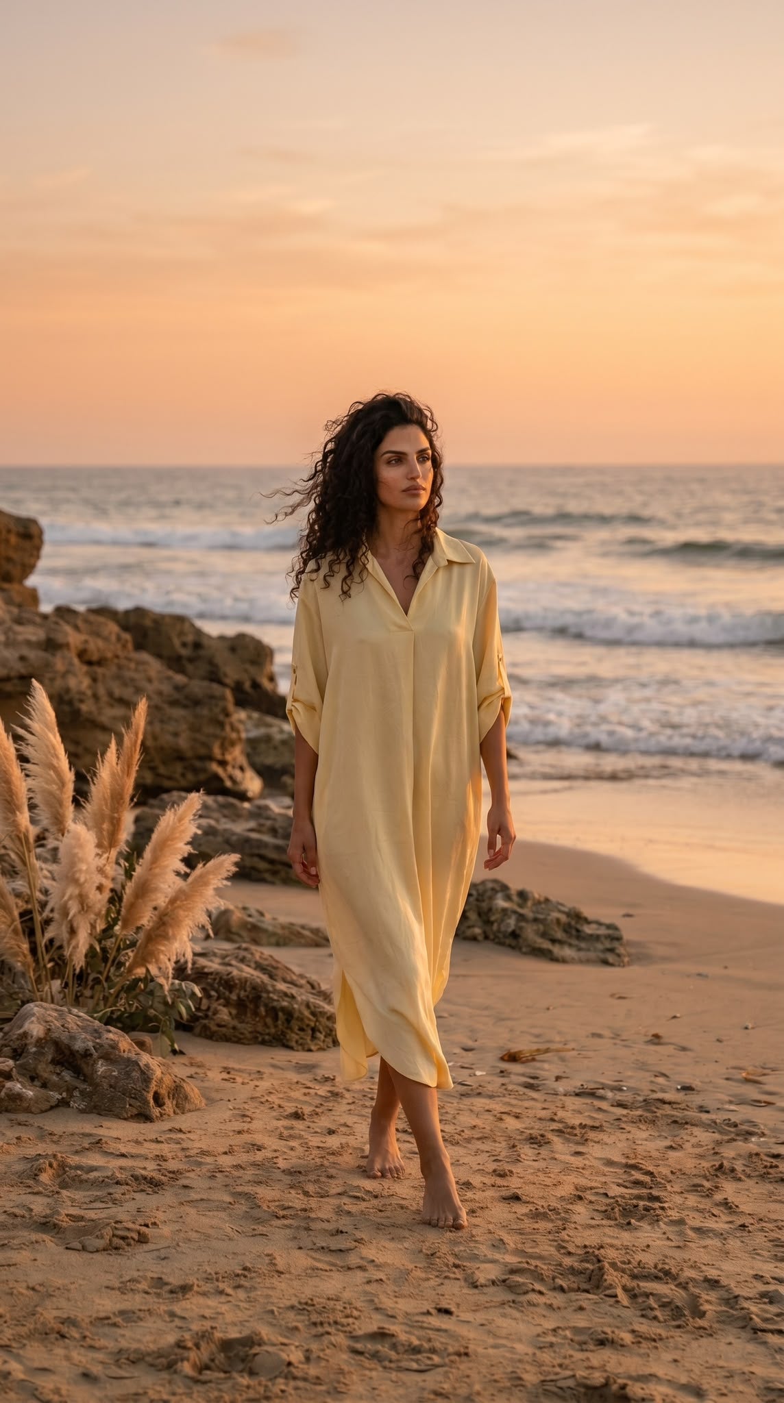 Robe Kayla en satin fluide, coloris jaune, coupe ample taille unique