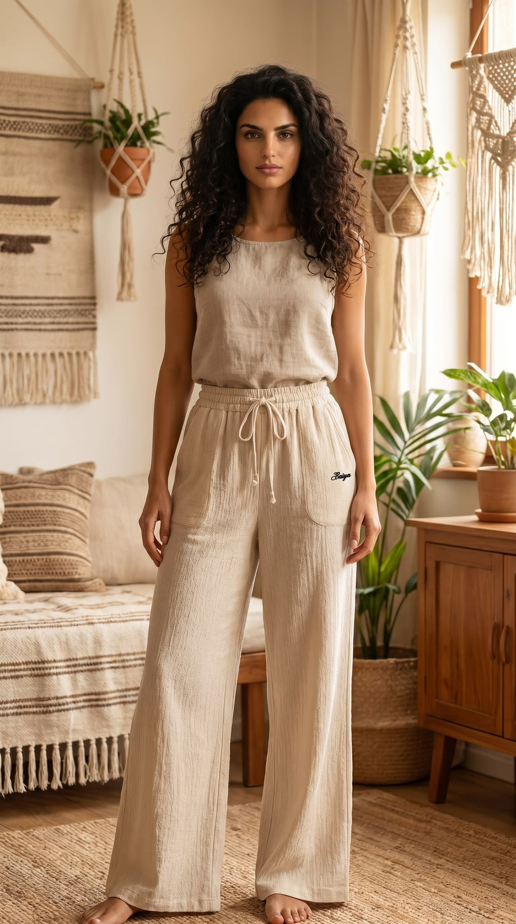 Pantalon Luna bohème coupe fluide et large, coloris beige, taille unique