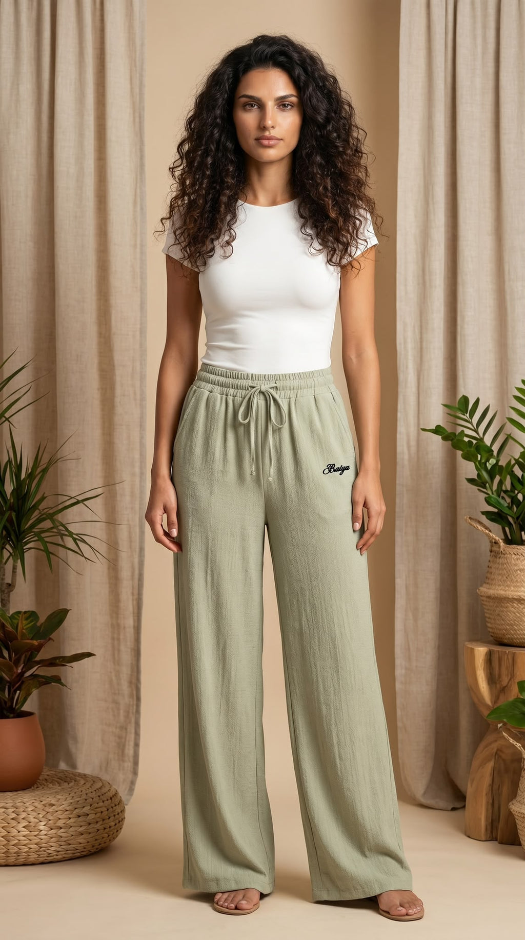 Pantalon Luna bohème coupe fluide et large, coloris kaki, taille unique