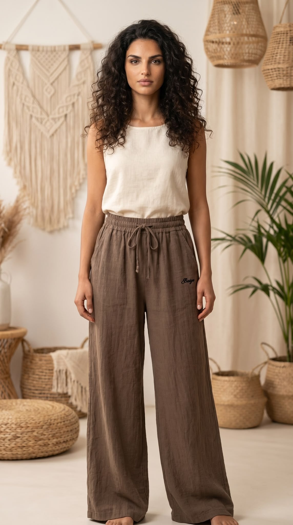 Pantalon Luna bohème coupe fluide et large, coloris marron, taille unique