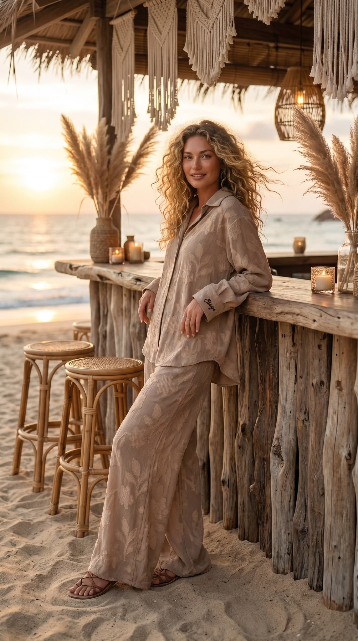 Ensemble Naya marron porté, chemise fleurie et pantalon large