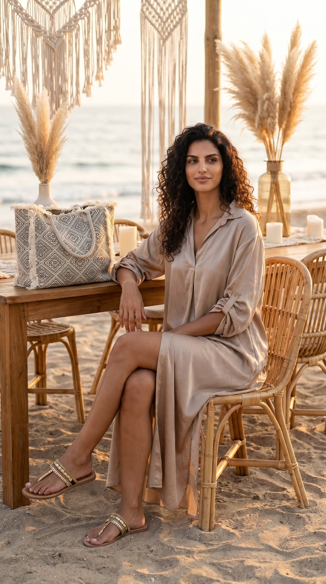 Sac Sahara Bohème beige sable, motifs géométriques du désert