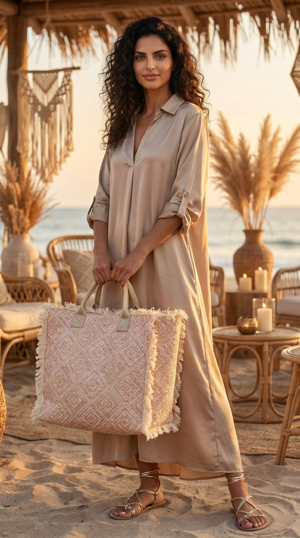 Sac Sahara Bohème tissé, coloris rose, franges et motifs géométriques