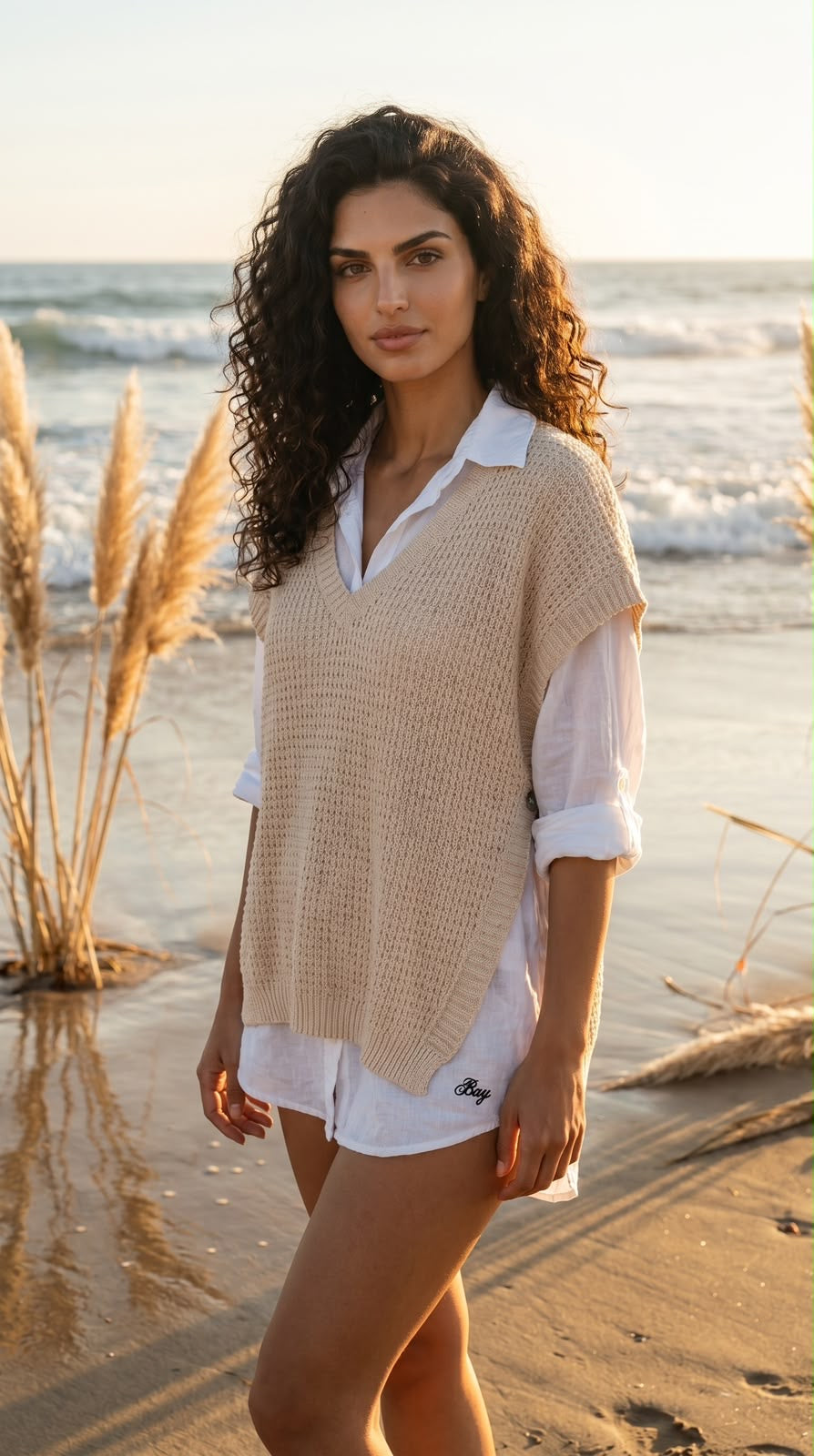 Ensemble Talia beige porté, coupe fluide