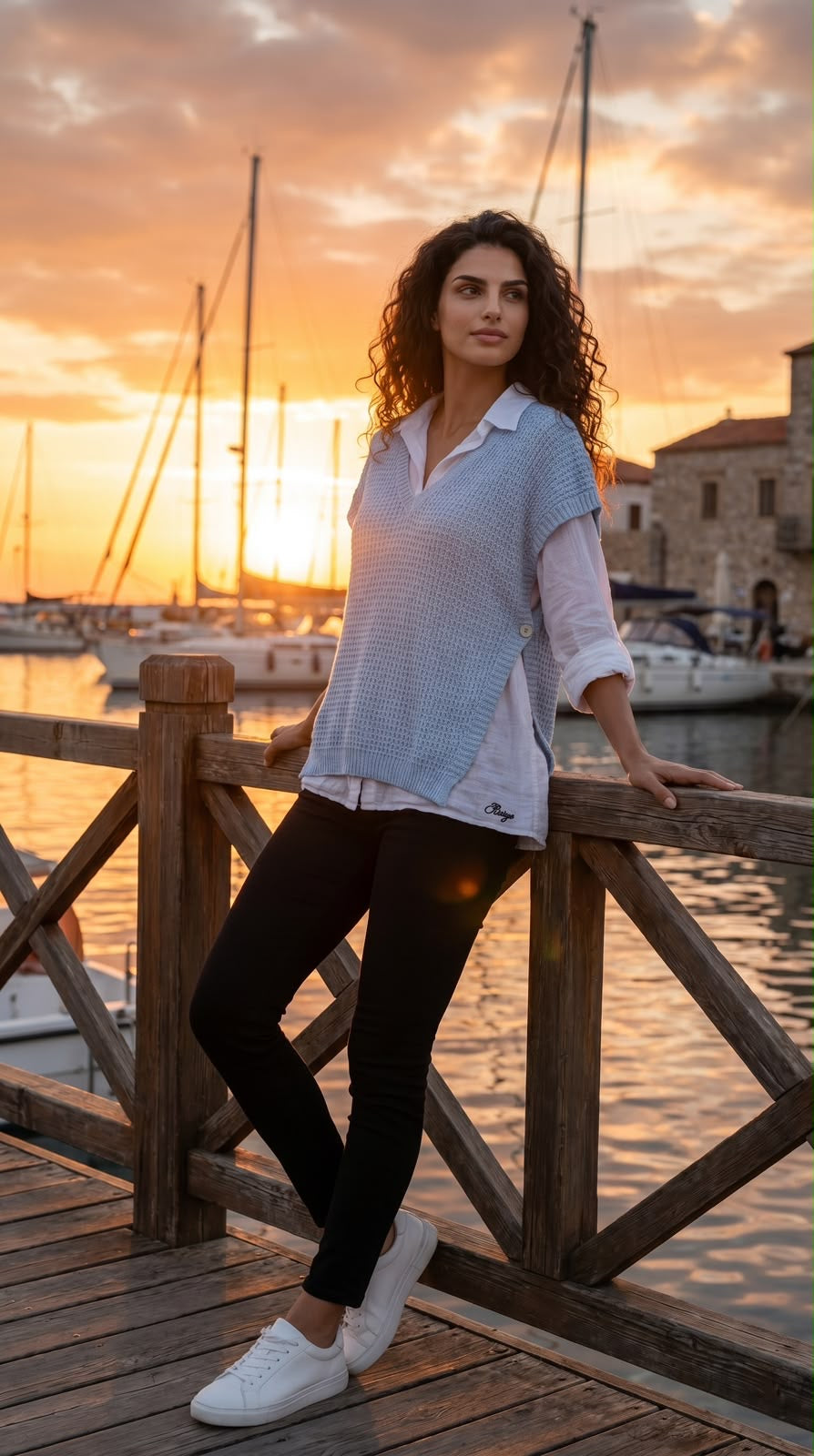 Ensemble Talia bohème chic bleu ciel, chemise légère froissée et pull crochet manches courtes, taille unique