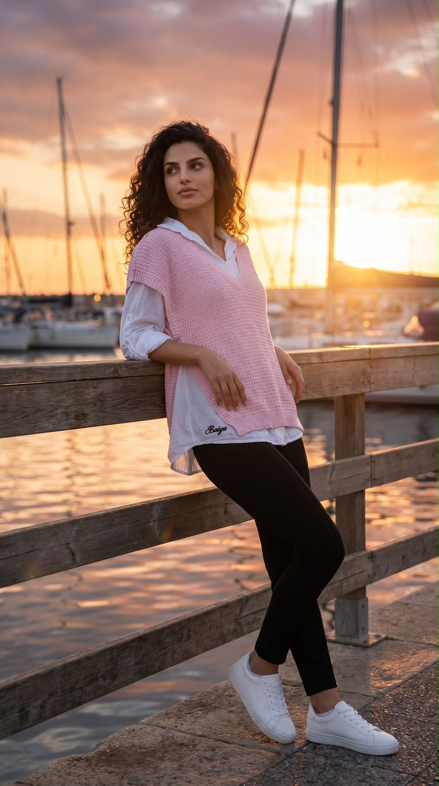 Ensemble Talia bohème chic rose, chemise froissée et pull crochet, taille unique