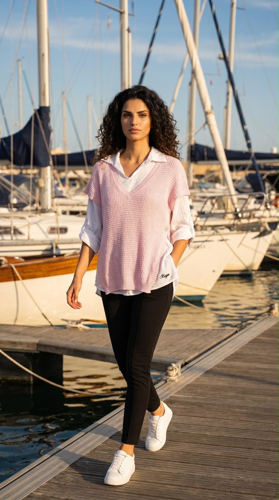 Ensemble Talia rose, détail du pull crochet